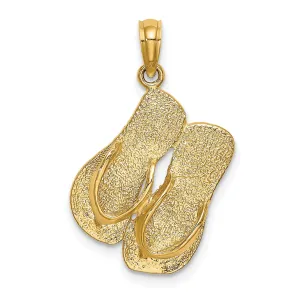 14K Yellow Gold Polished Texture Finish 3-Dimensional Large Size SANIBEL ISLAND Florida Double Flip Flop Sandles Charm Pendant