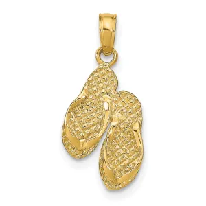 14k Yellow Gold Polished Textured Finish Reversible 3-Dimensional MARCO ISLAND, FLORIDA Double Flip-Flop Sandles Charm Pendant