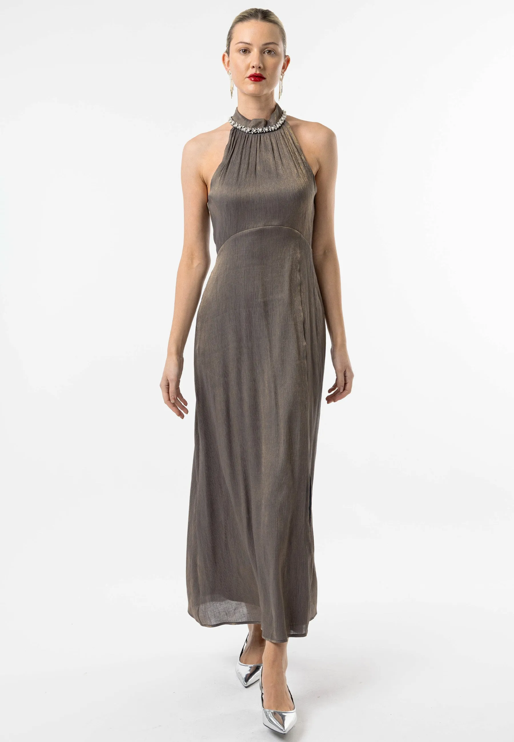 Beaded Halterneck Cocktail Dress in Brown