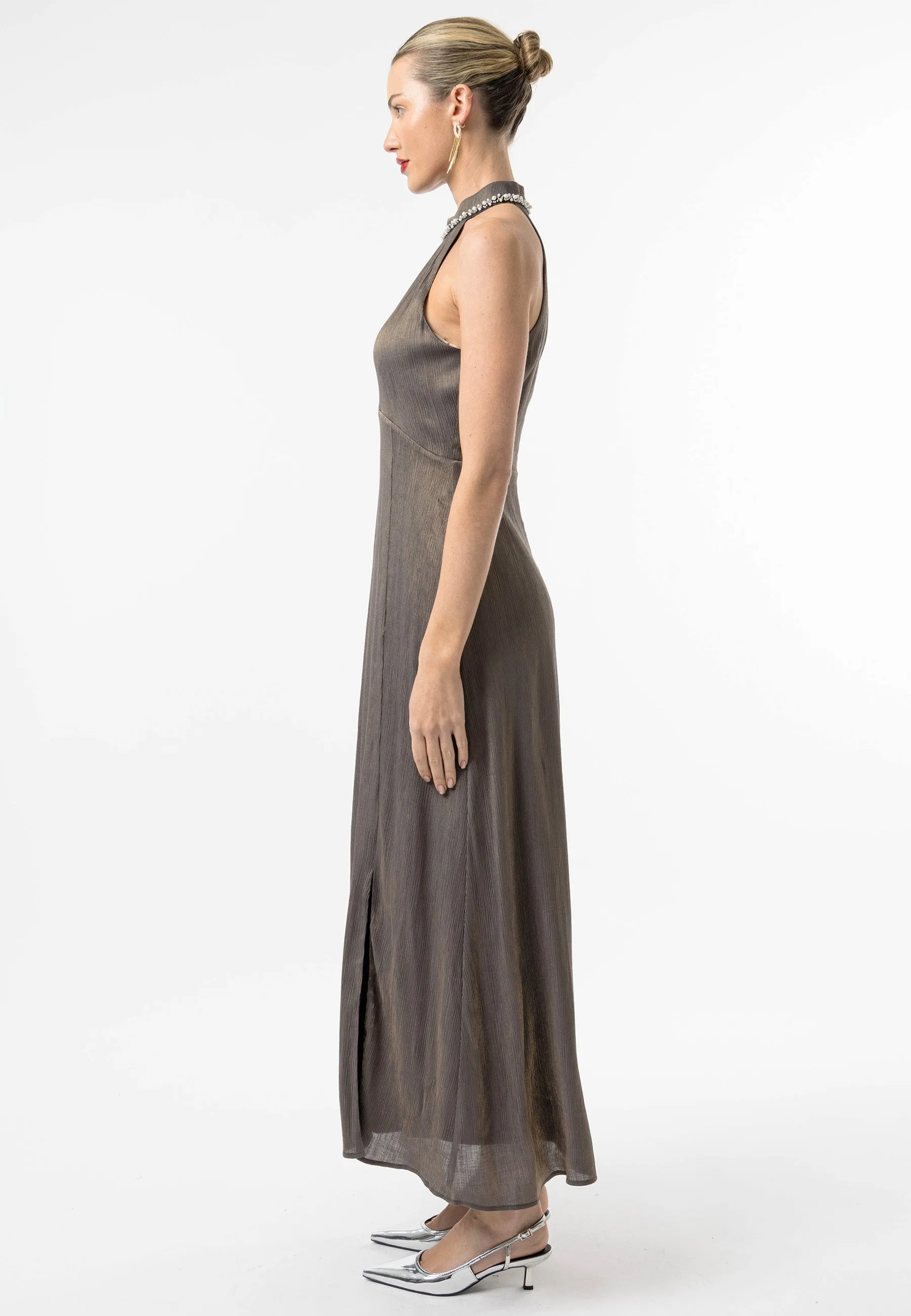 Beaded Halterneck Cocktail Dress in Brown