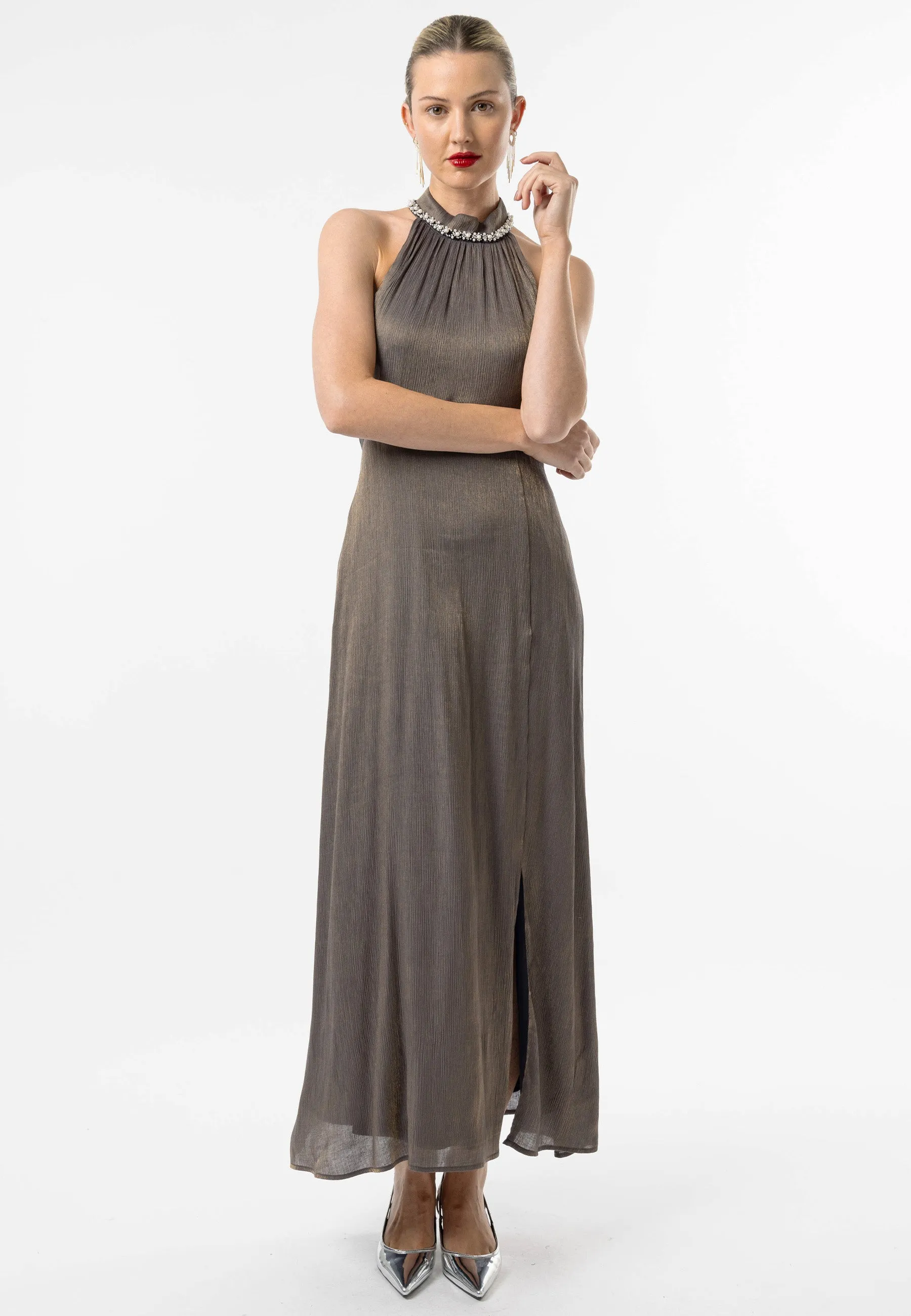 Beaded Halterneck Cocktail Dress in Brown