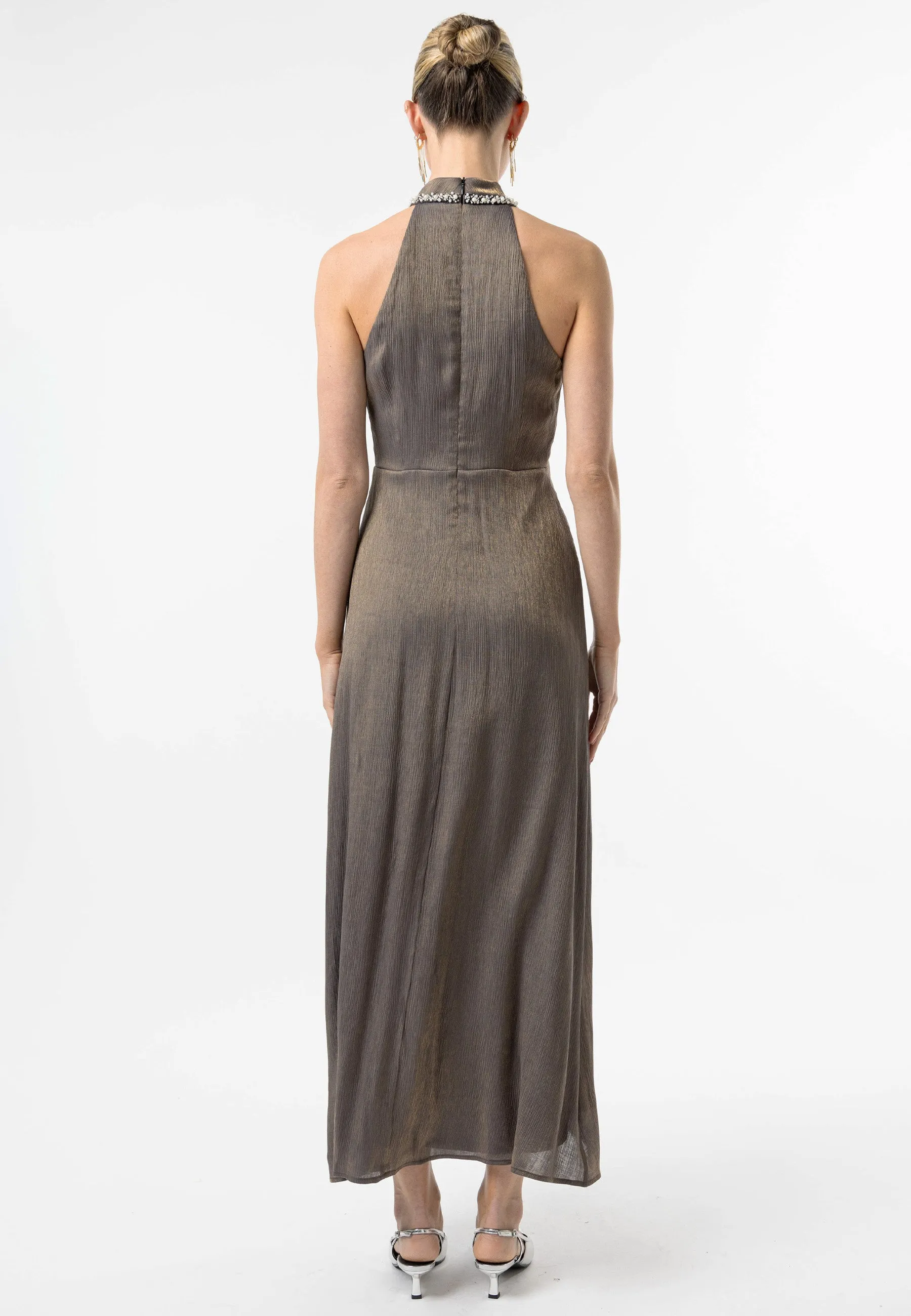 Beaded Halterneck Cocktail Dress in Brown