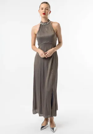 Beaded Halterneck Cocktail Dress in Brown