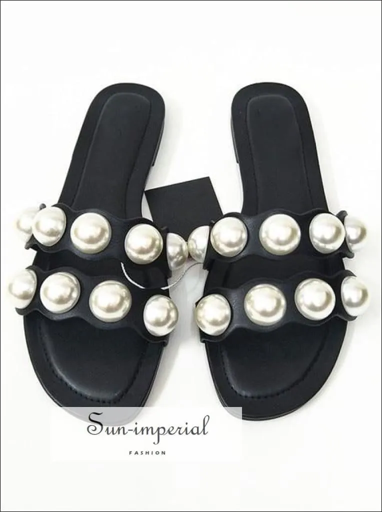 Black Double Band Pearl Flats Sandals Casual Beach Slide Flip Flops Slippers