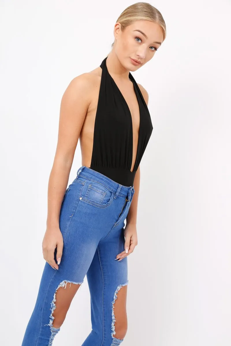 Black Plunge Halterneck Bodysuit - Lona