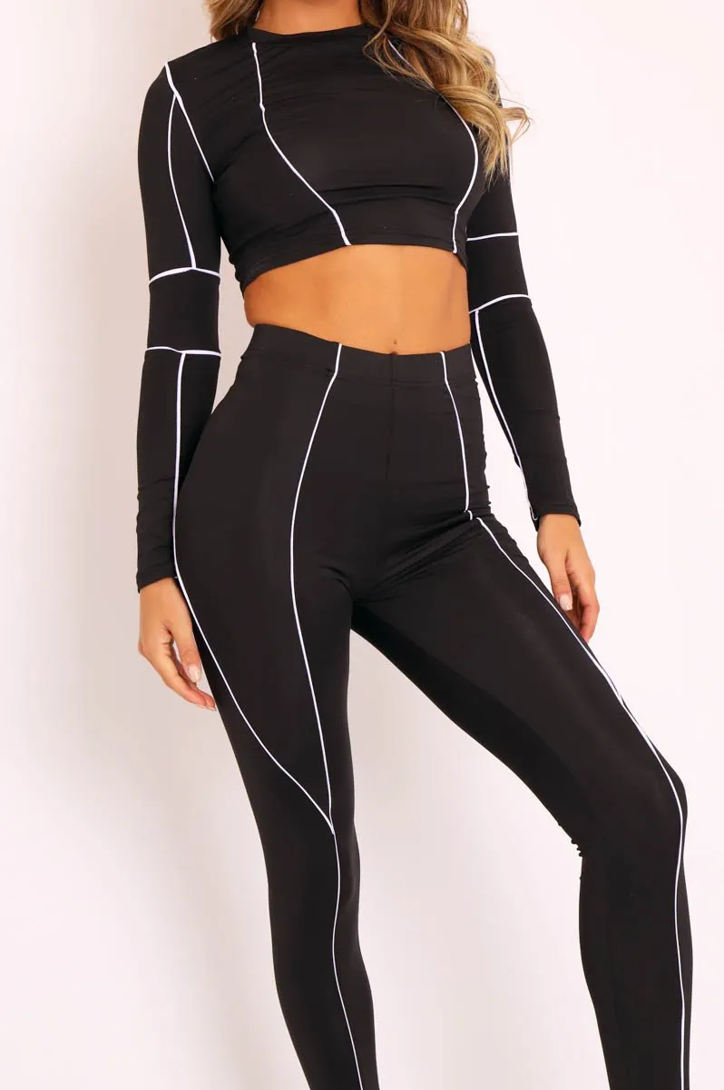 Black White Piped Crop Top Legging Co-ord - Deona