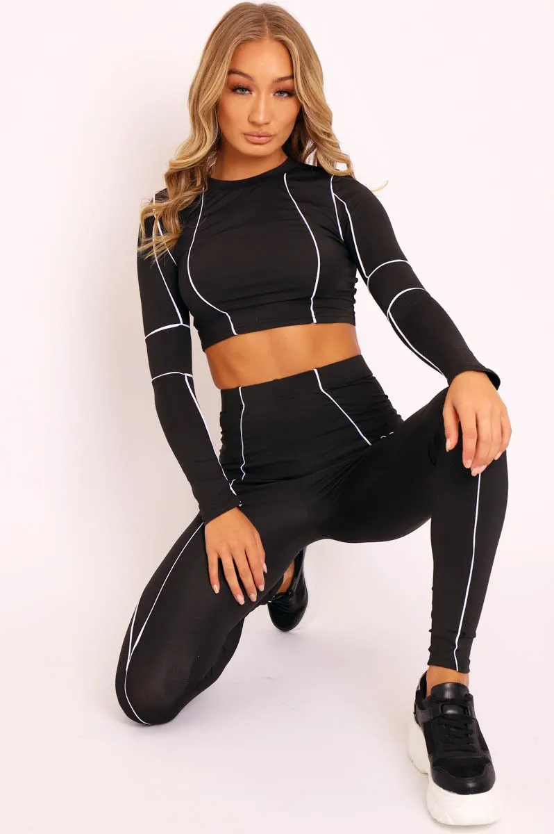 Black White Piped Crop Top Legging Co-ord - Deona