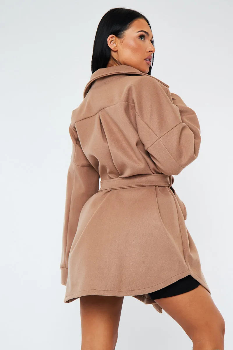 Camel Belted Pocket Front Shacket - Stella