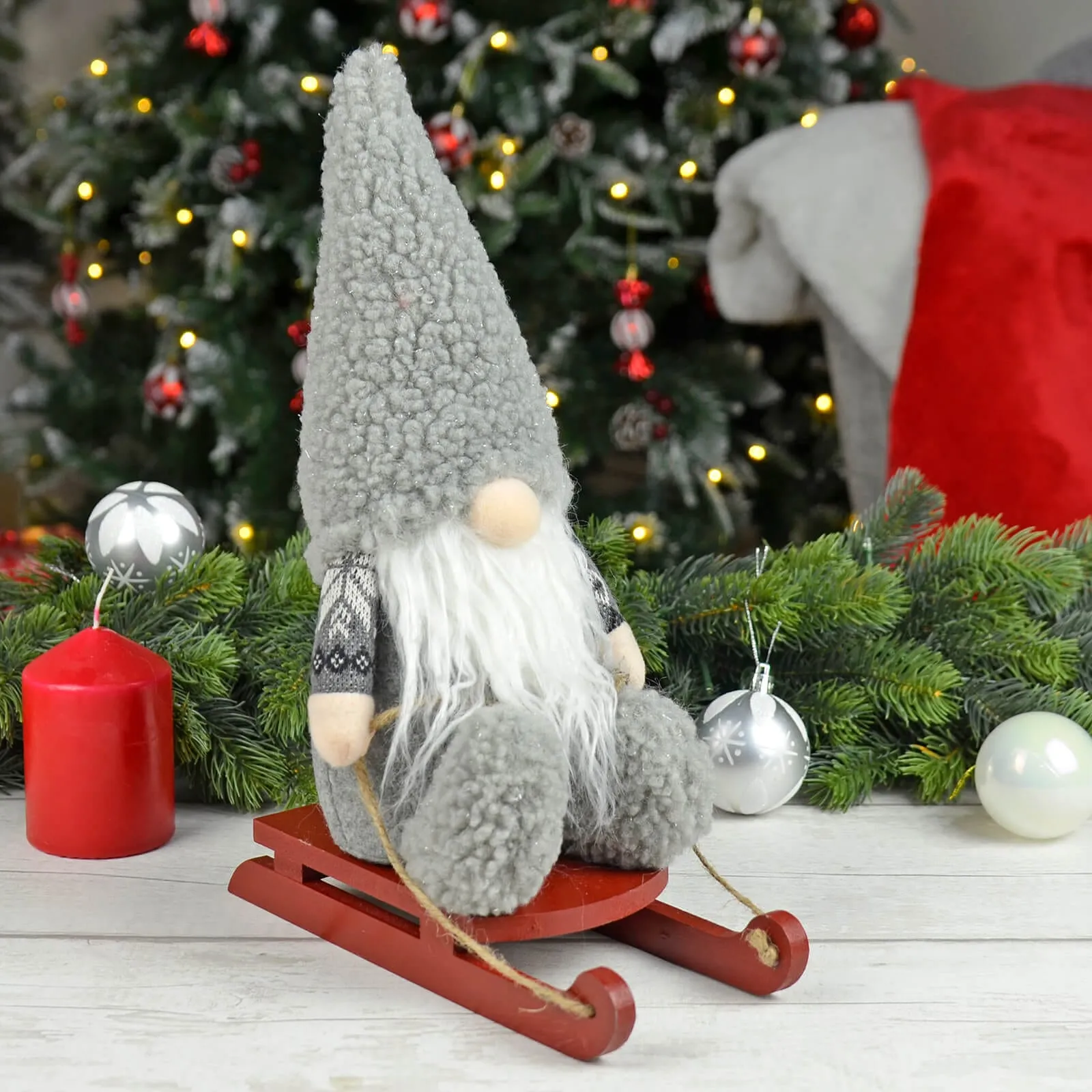 Christmas Gonk On Wooden Sledge Decoration Festive Gnome 36cm