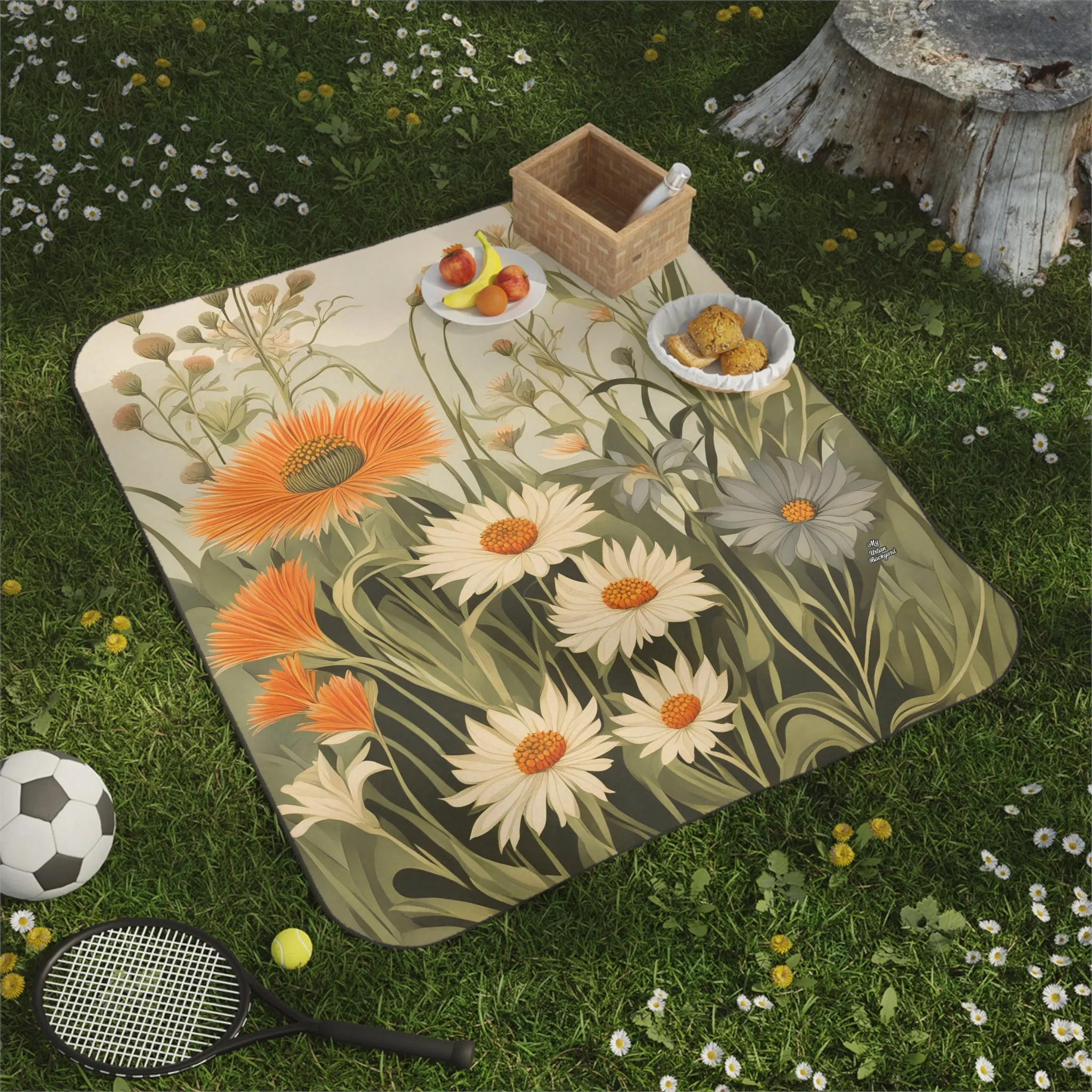 Daisy Wildflowers, Cozy Outdoor Picnic Blanket, Water-Resistant Bottom, 51" × 61"