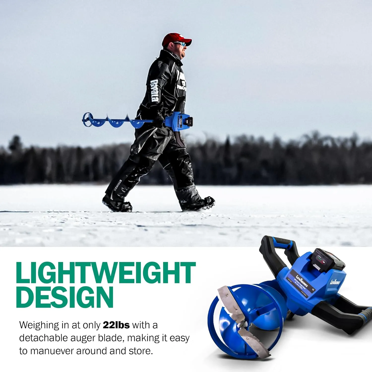 Ice Auger Power Head w/Steel 8"x39" Bit Heavy Duty Eco-Friendly Ice Drilling for Ice Fishing