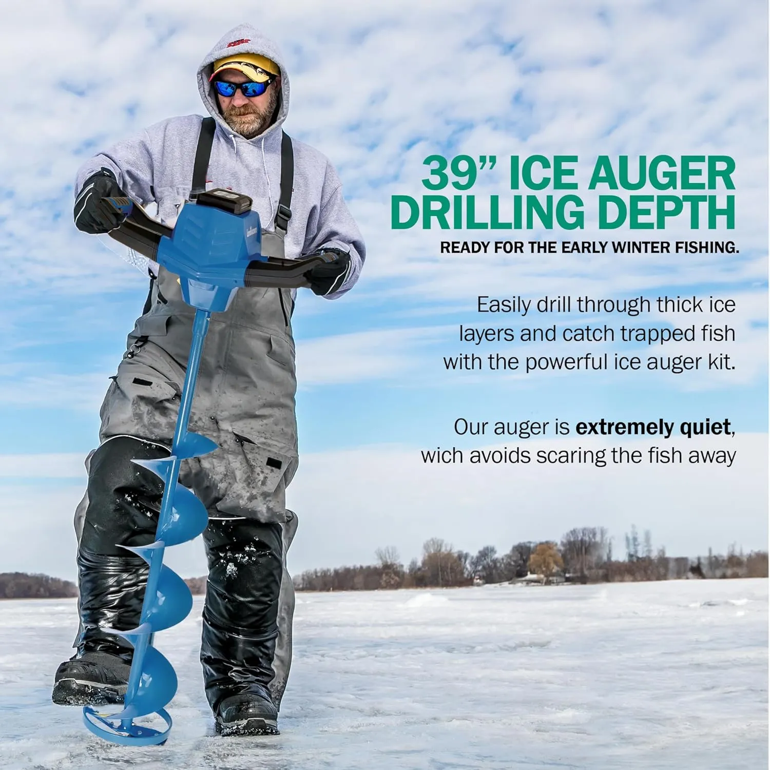 Ice Auger Power Head w/Steel 8"x39" Bit Heavy Duty Eco-Friendly Ice Drilling for Ice Fishing