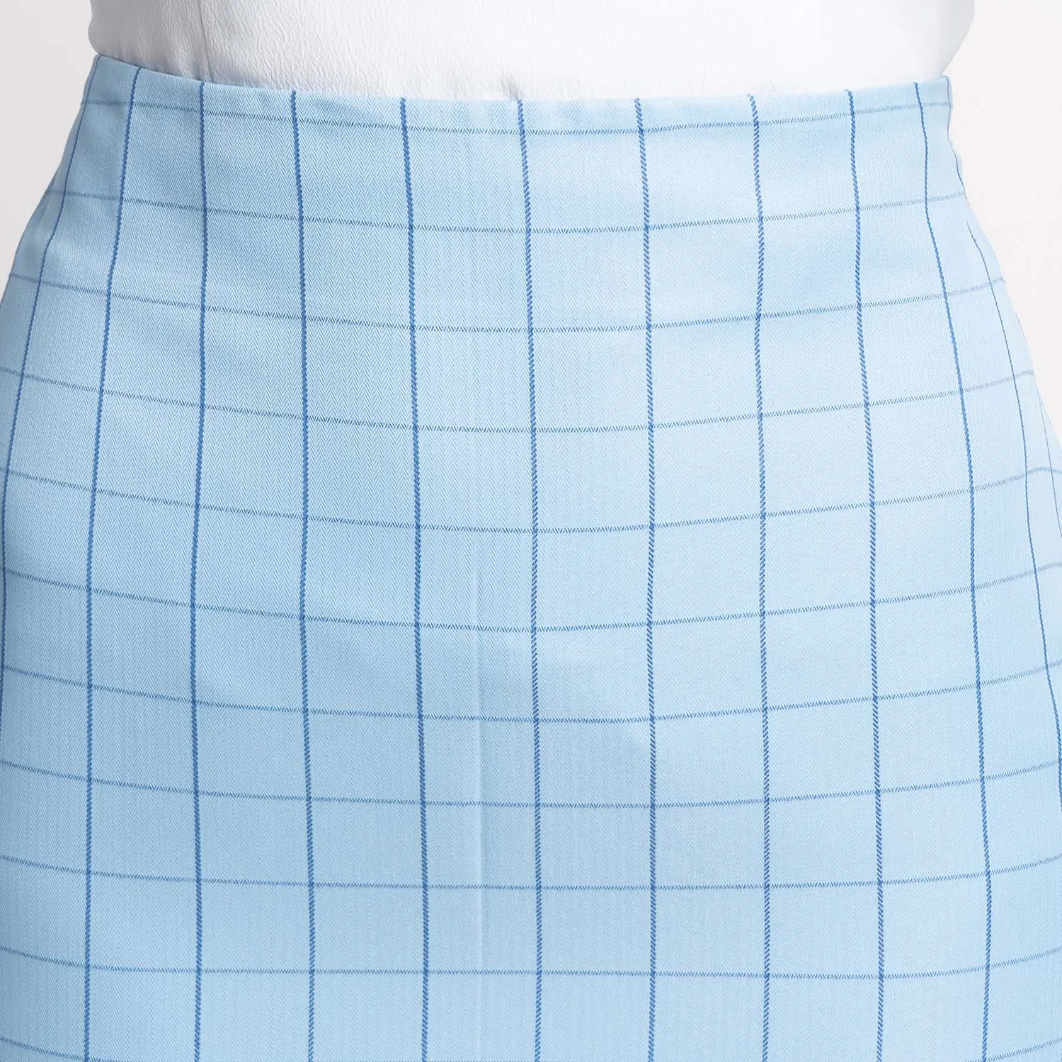 Light Blue Check Straight Comfortable Cotton Work Skirt