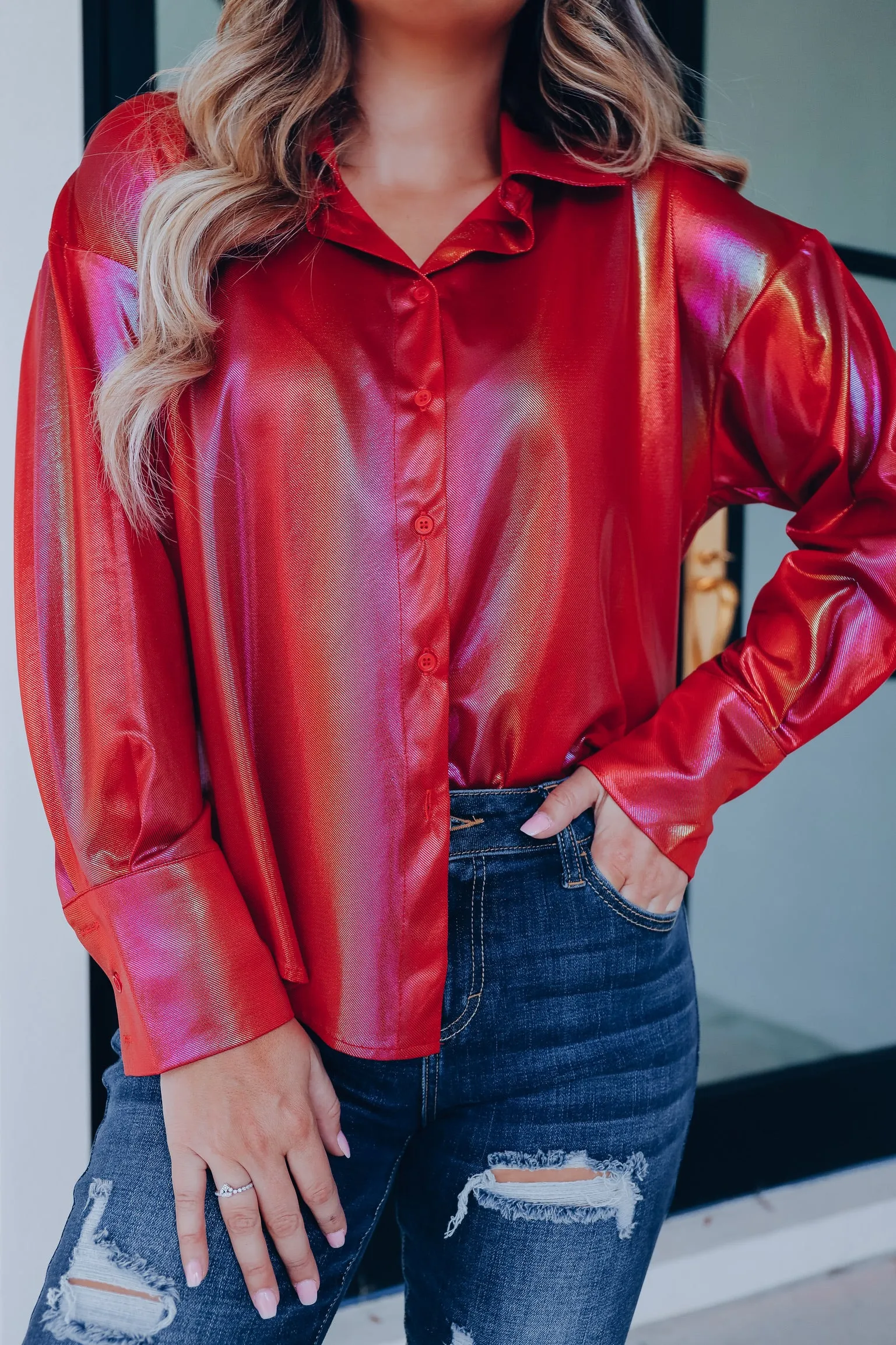 Nightlife Metallic Button Up Shirt - Red