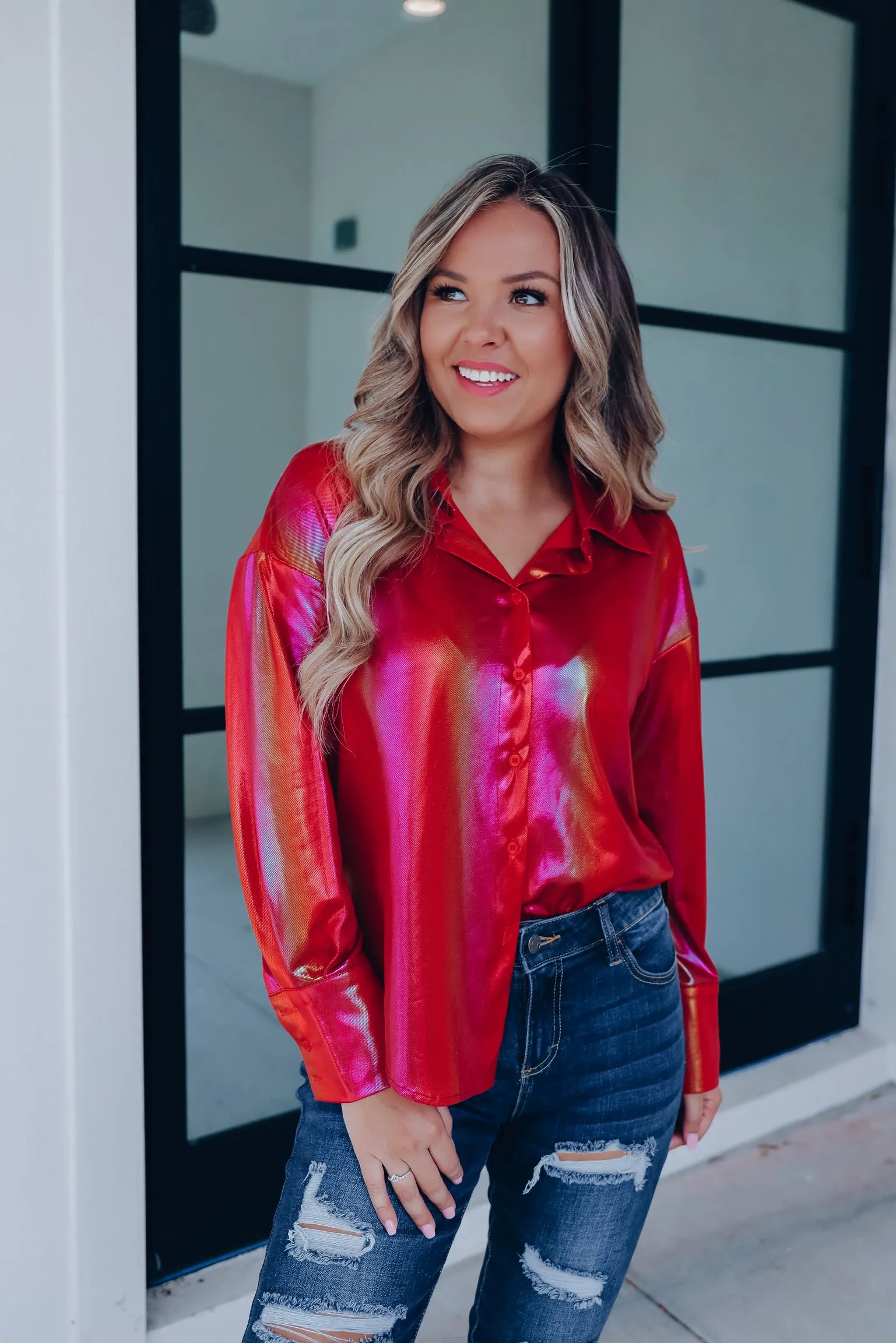 Nightlife Metallic Button Up Shirt - Red