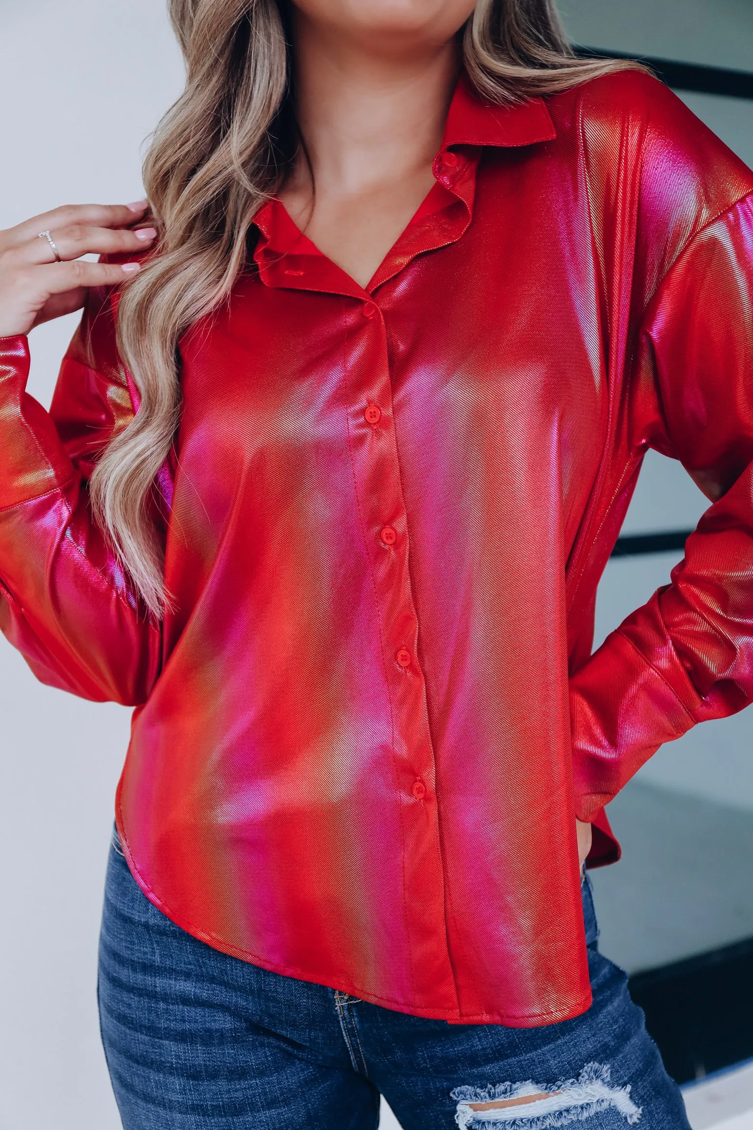 Nightlife Metallic Button Up Shirt - Red