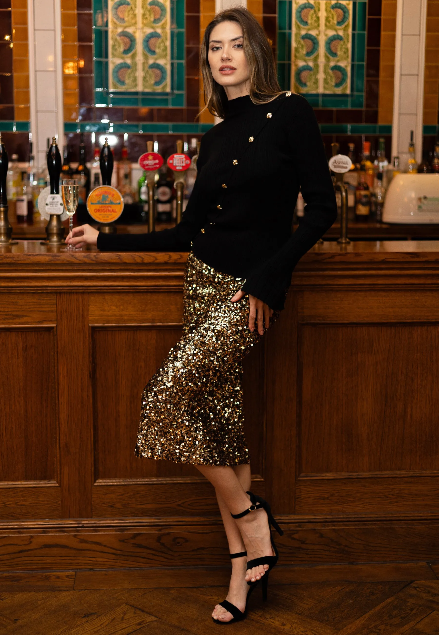 Sequin Midi Skirt In Black Gold