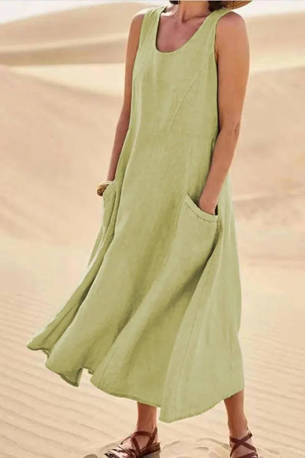 Solid Sleeveless Pocket Loose Comfort Midi Dress