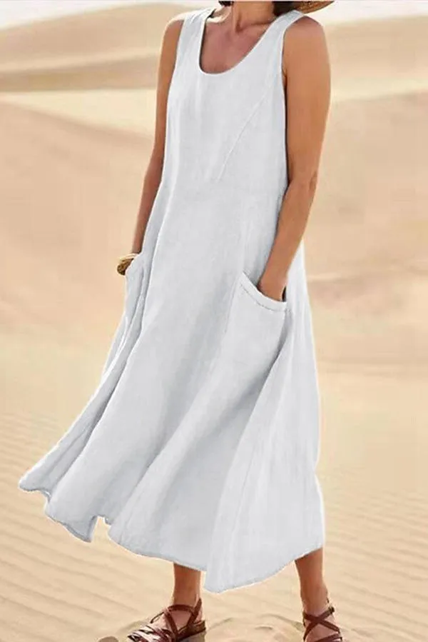 Solid Sleeveless Pocket Loose Comfort Midi Dress