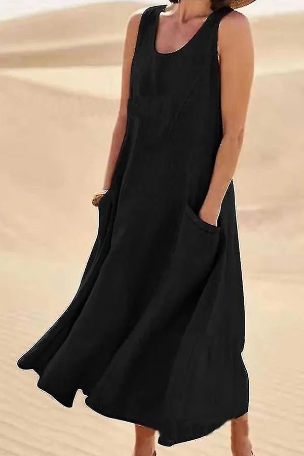 Solid Sleeveless Pocket Loose Comfort Midi Dress