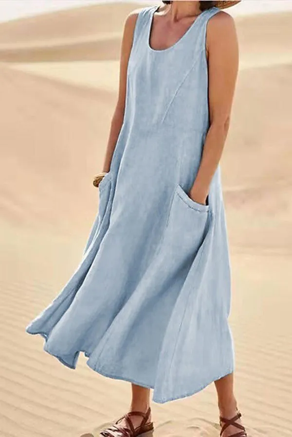 Solid Sleeveless Pocket Loose Comfort Midi Dress