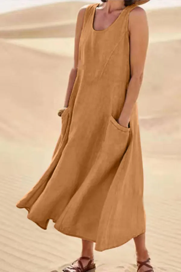 Solid Sleeveless Pocket Loose Comfort Midi Dress