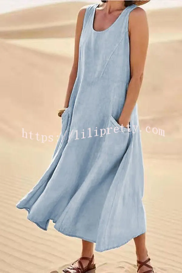 Solid Sleeveless Pocket Loose Comfort Midi Dress