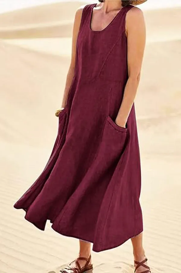 Solid Sleeveless Pocket Loose Comfort Midi Dress