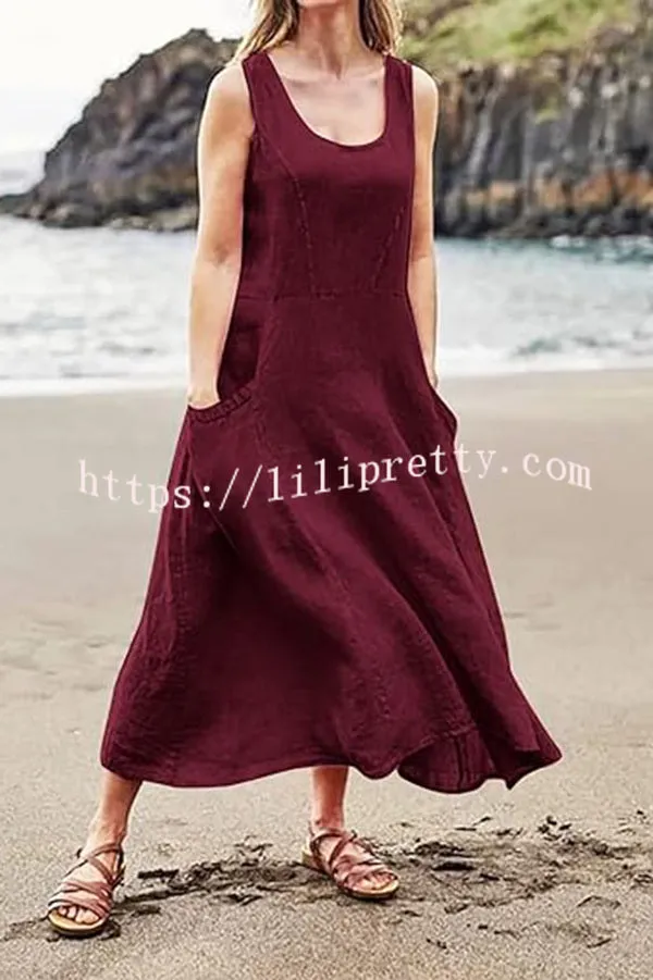 Solid Sleeveless Pocket Loose Comfort Midi Dress