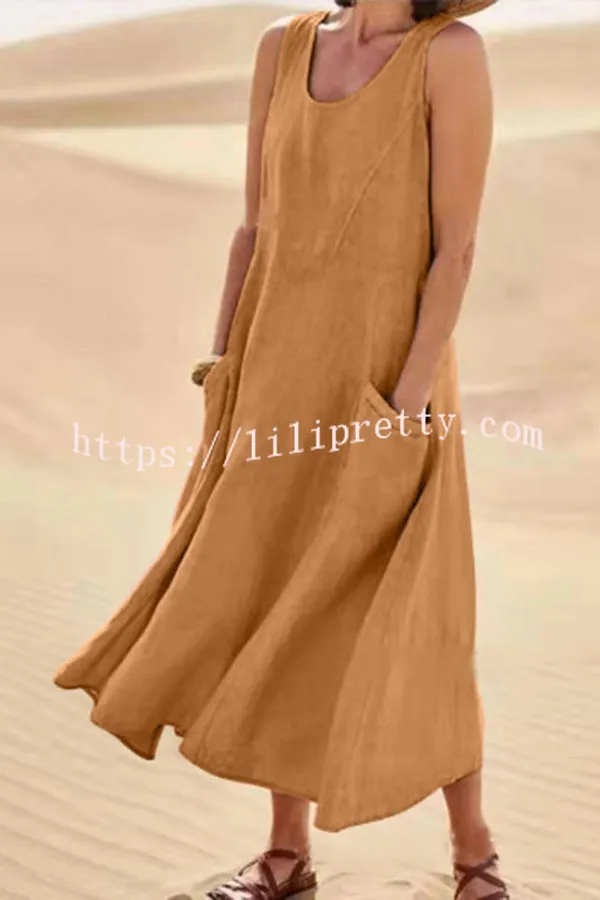 Solid Sleeveless Pocket Loose Comfort Midi Dress