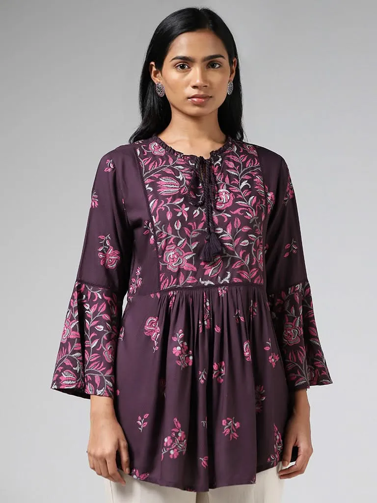 Utsa Dark Purple Floral Printed Bell Sleeves Gathered Kurti